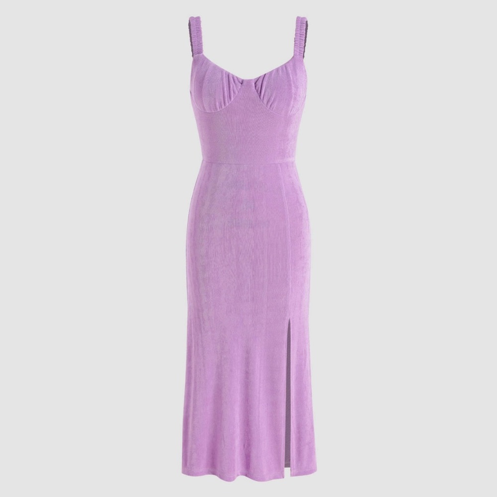 Cider Lavender Midi Dress Flirty Thigh High Stretchy Fabric Bustier Neckline